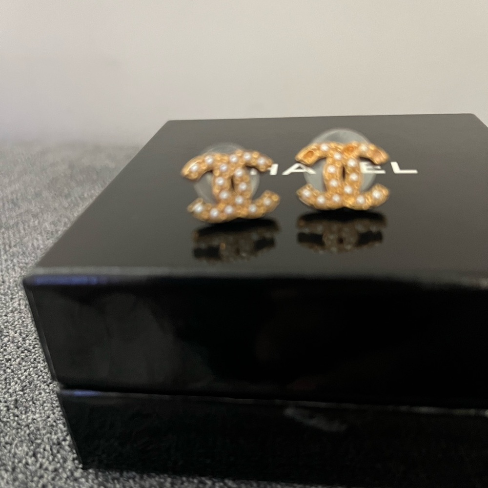CHANEL Gold and Pearl Logo Earrings